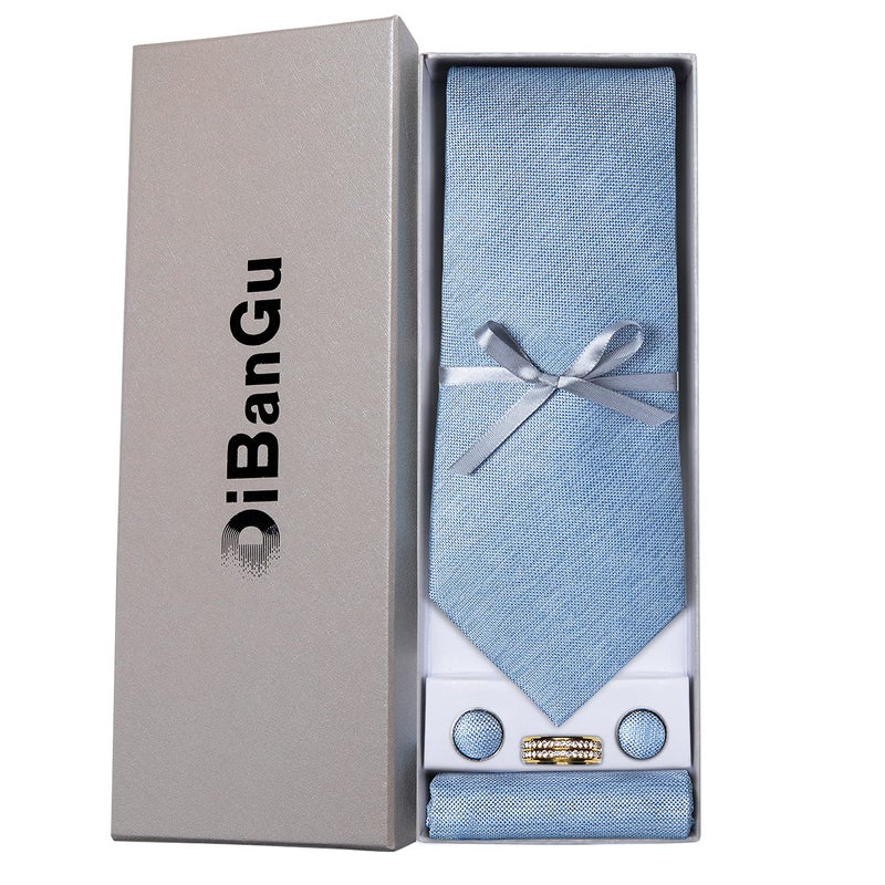 DiBanGu Mens Tie Set Silk Necktie and Gold Tie Ring Pocket Square Cufflinks Formal Business Wedding Ties with Gift Box, Light Blue - Image 4